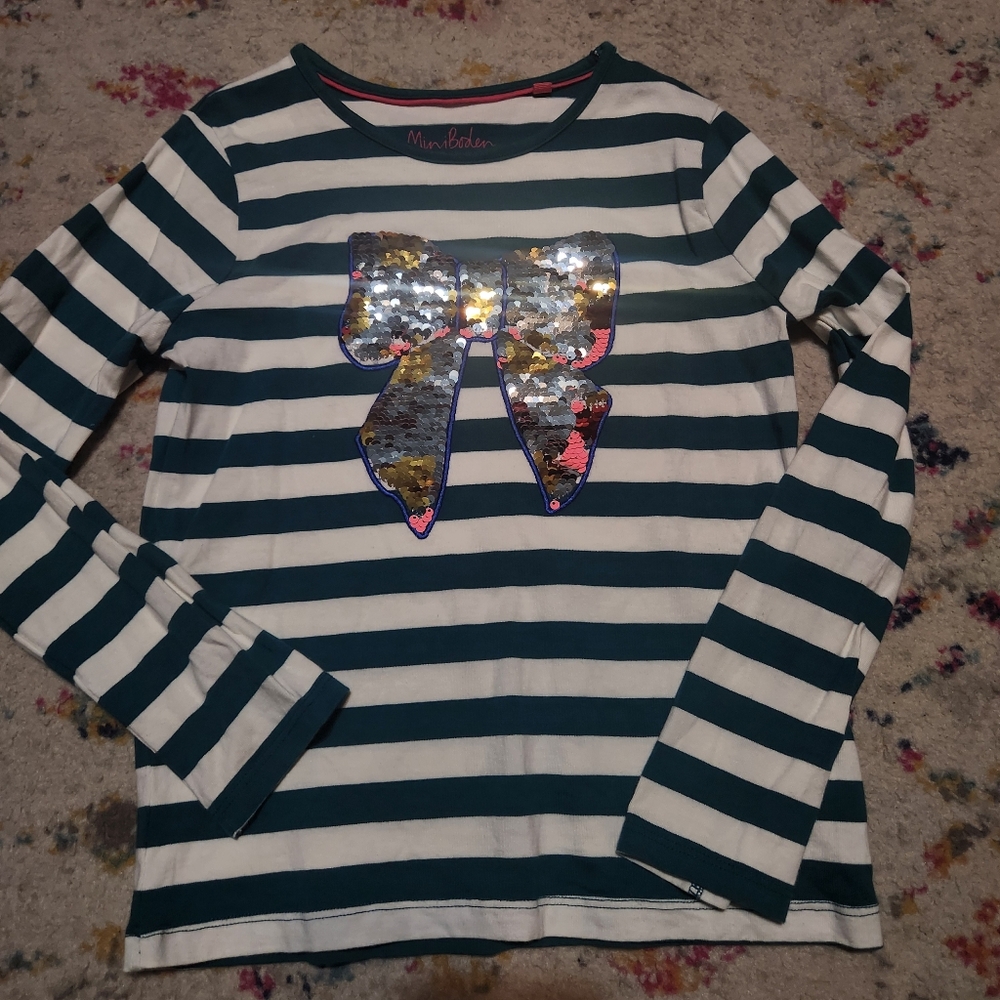 💘 Mini Boden Sequin Bow Striped Top